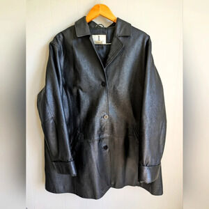 JL Studio Black Leather Jacket Vintage 1X Button Front Hip Pockets Cuffed Sleeve